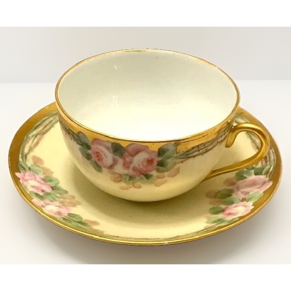 Antique Austria Porcelain Teacup Saucer Hand Painted Pink Roses Gold Gilt VTG
